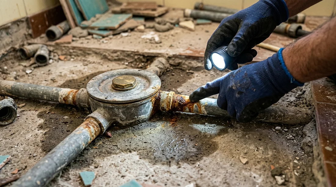 Bote sifónico de plomo y tuberías antiguas que aparecen al quitar la bañera en un piso de los años 70