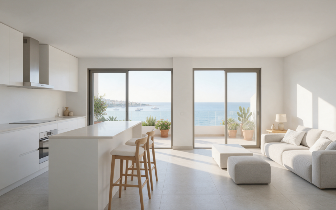 Cocina abierta al salón con península y suelo porcelánico continuo en un apartamento reformado de Benidorm