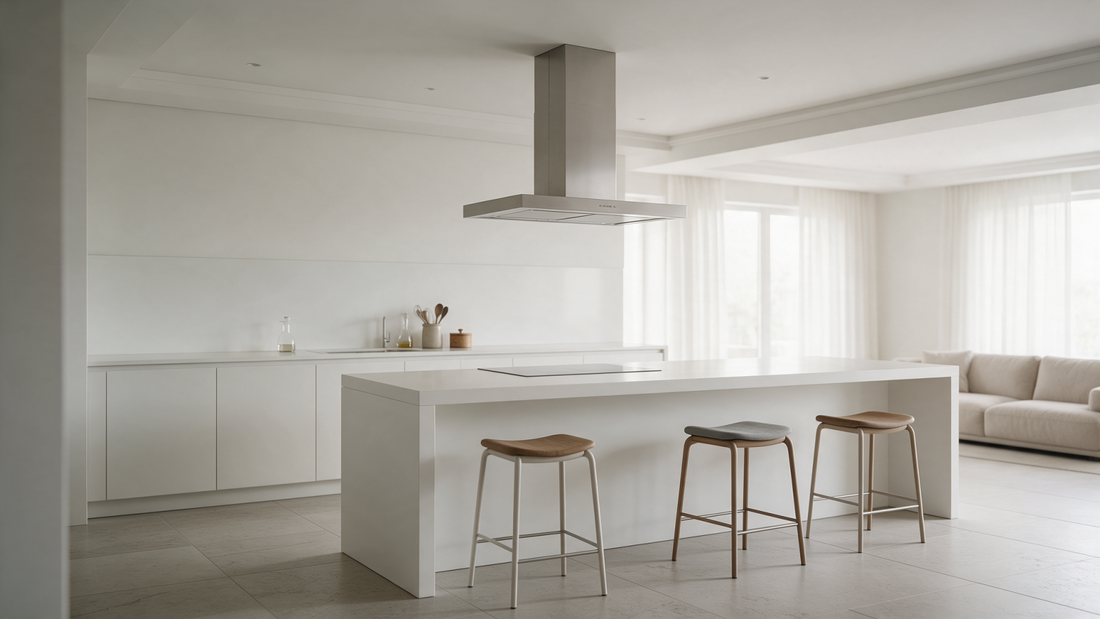 Cocina abierta con placa de inducción y campana conducida al techo, con el sofá del salón al fondo